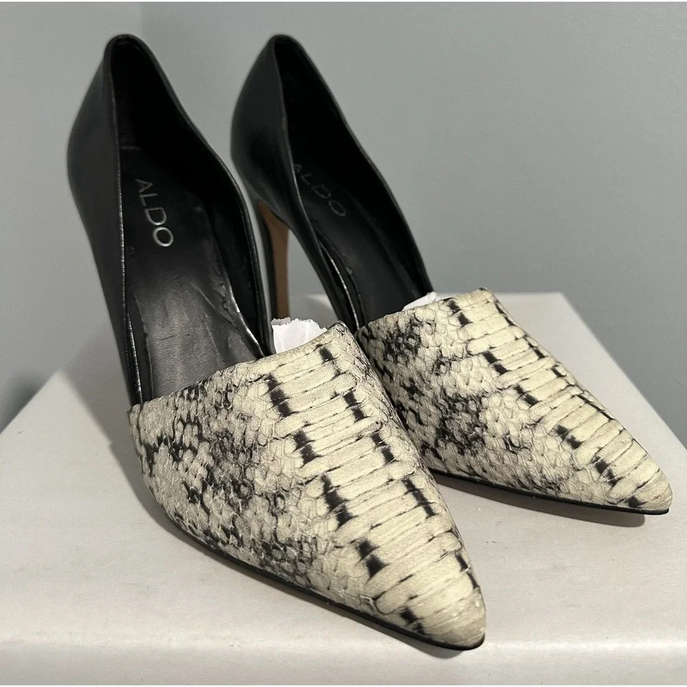 ALDO Black Stilettos Snake Print Toe Size 8 Two Tone Great Condition